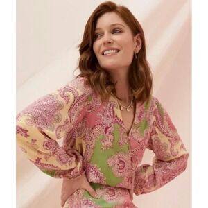 Fat Face Pink/Green/Yellow Top Sz 12 Floral Paisley Print Long Sleeve Blouse